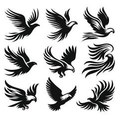 Set of black and white wing illustrations featuring birds like eagle, hawk, dove, and phoenix in a tribal and symbolic design, ideal for tattoos and representing freedom and nature