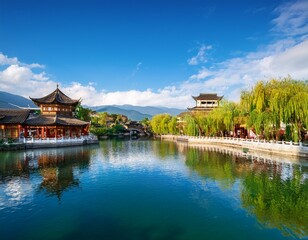 lijiang old town scene black dragon pool park yunan china