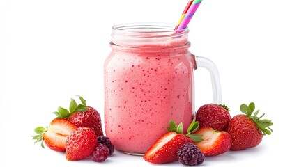Refreshing Strawberry Smoothie in Glass Jar with Colorful Straw