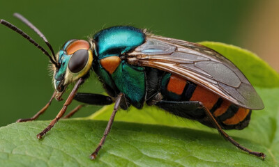 Fototapeta premium A macro shot of a fly sitting on a leaf, showcasing its details