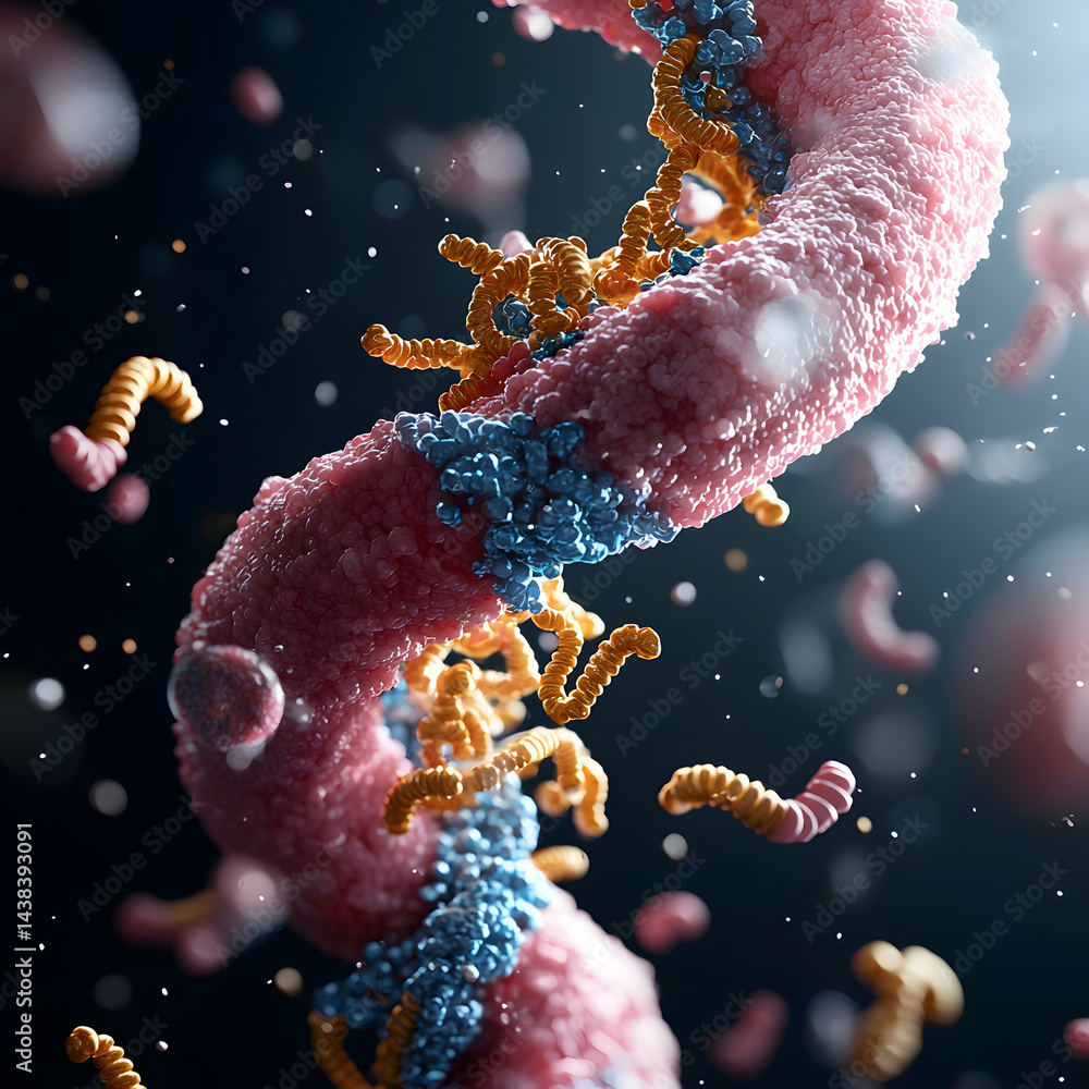 Poster a detailed microscopic view of biological structures showing molecular interactions. ideal for scien