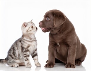 Fototapeta premium curious labrador puppy and meowing scottish straight kitten together isolated on white background
