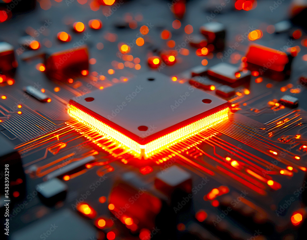 Leinwandbilder Closeup view of a hightech circuit board illuminated by glowing orange lights showcasing advanced electronic components : Generative AI