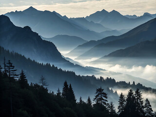 Obraz premium Black Mountain Silhouette Landscape Panorama Illustration.