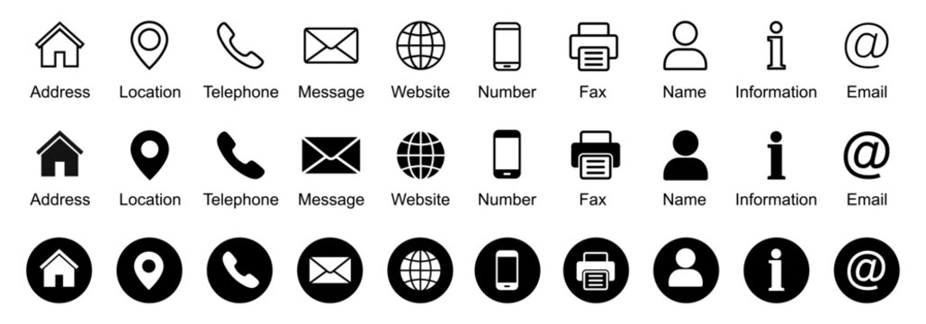 Contact icon set, contact us in line and solid style. Web icons set address, location, number, fax, email, phone, website, message, name, information icon collection, communication contact