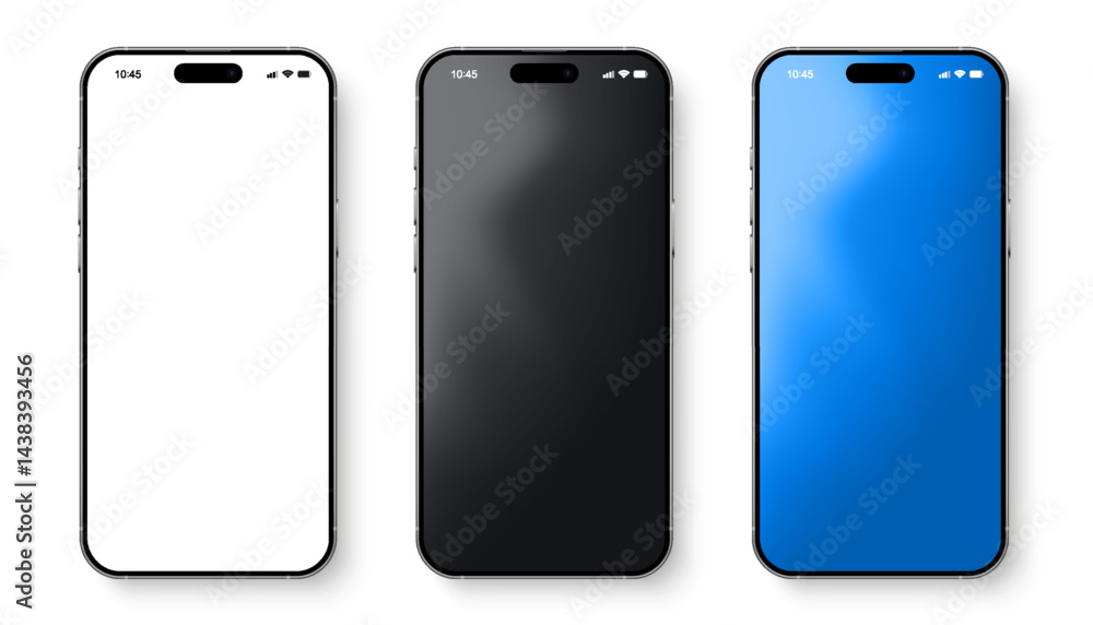 Aufkleber Smartphone mockup set. Realistic smart phone isolated. 3D mobile phones device front view for ui ux presentation. High quality smart phone mockup with shadow