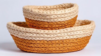 Two woven baskets, beige and brown, nested.  Handcrafted, decorative, storage