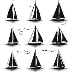 Set of sailing boats, yachts, and ships on the ocean with waves and wind, perfect for nautical, summer, and vacation themes