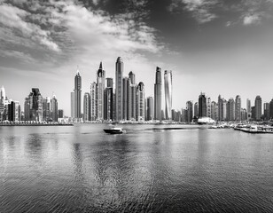 skyscrapers and urban city skyline over water black and white style city background dubai marina bay uae