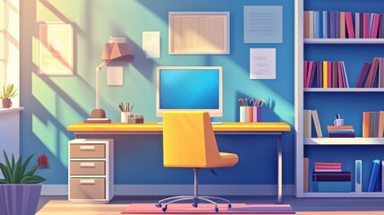 Bright and Modern Home Office with Furniture and Shelves for Productivity