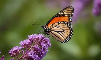 Fototapeta premium Close-up shot of a butterfly sitting on a flower, with delicate details and vibrant colors