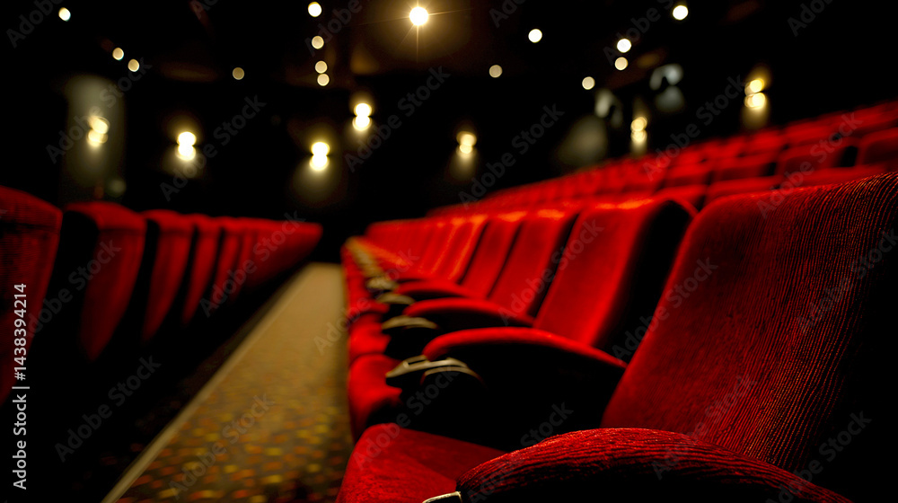 Poster Inside a Cozy Movie Theater with Rows of Plush Red Seats and Dim Ambient Lighting : Generative AI