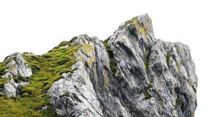 Craggy cliffs with steep edges and moss patches on white background