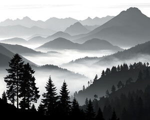 Black Mountain Silhouette Landscape Panorama Illustration.