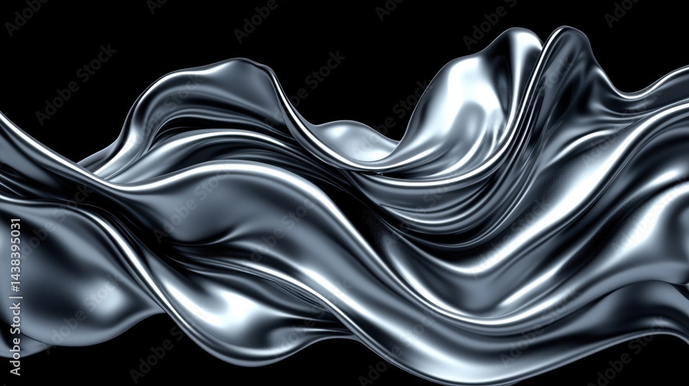 Poster a digital rendering of a flowing, metallic surface with a smooth, reflective texture.