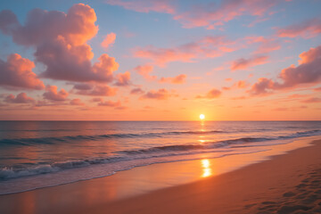 Fototapeta premium with Colorful Sky, Gentle Waves, and Golden Reflections – Serene Ocean Landscape Photography