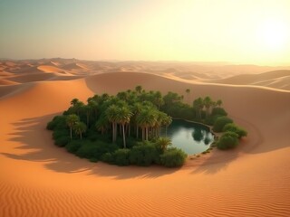 Lush Oasis Surrounded by Sunlit Desert Sand Dunes at Dawn