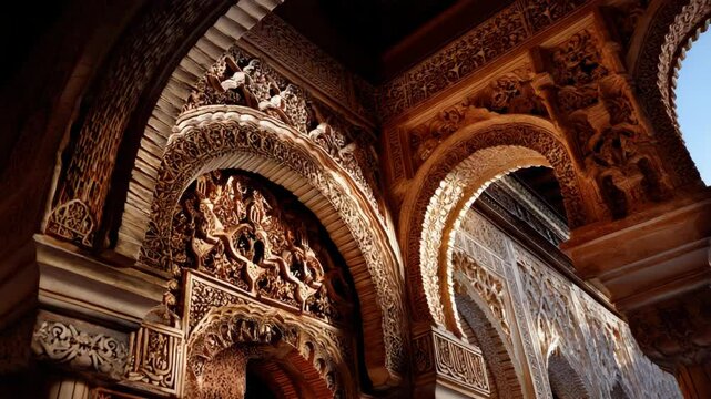 Ornate archways in intricate detail, displaying rich carving patterns within a historic building with detailed stonework and sunlight highlights.