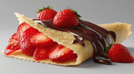 A freshly made crepe is filled with juicy strawberries and drizzled with rich chocolate sauce. 