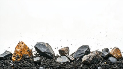 Crumbled black soil with small stones on white background.