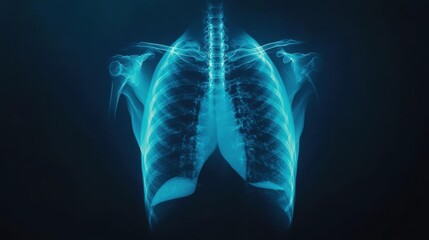 X-ray Image of Human Lungs with Spinal Column on Dark Background
