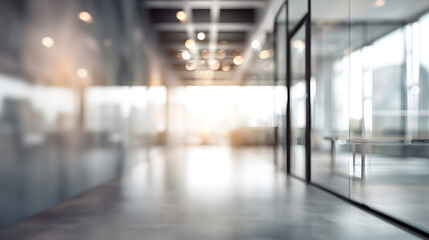 Fototapeta premium Blurred office interior with glass door modern workspace business environment soft lighting