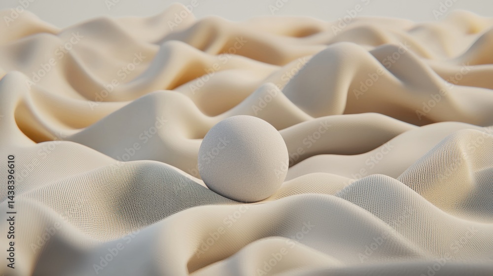 Poster a 3d rendering of a white sphere resting on a beige fabric surface.