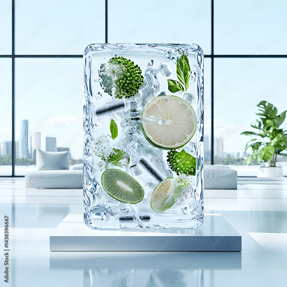 Poster an artistic rendering featuring fruit and botanical elements encased in ice. ideal for refreshing fo