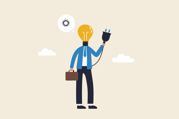 Inspiration or creativity to think of solution or solving business problem, imagination or innovation to success, brilliant idea, businessman with lightbulb head try to find electricity to light up.
