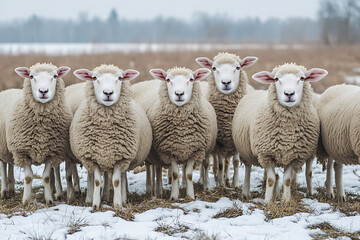Fototapeta premium A group of sheep standing in a snowy field, with a serene winter landscape in the background