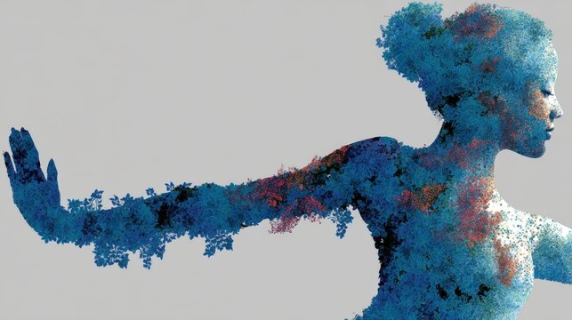 Silhouette of a fit woman in yoga pose surrounded by hydrangea and azalea petals