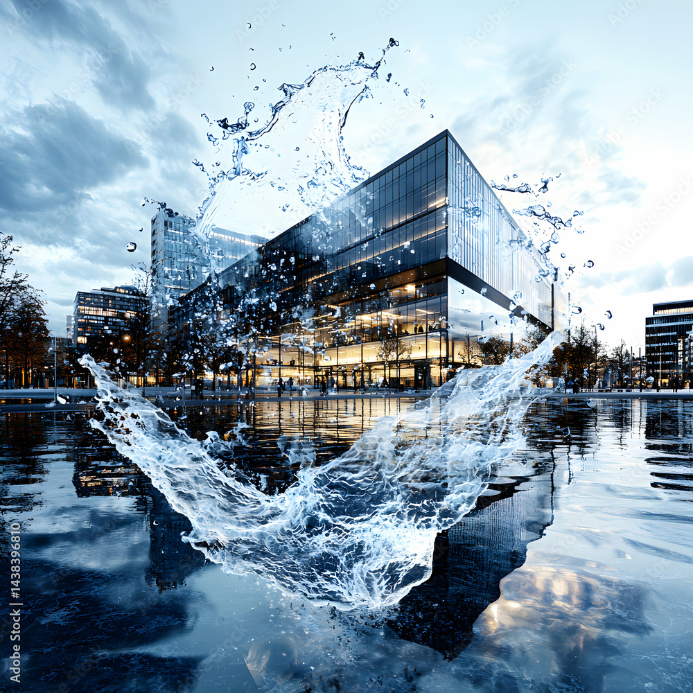 Poster a stunning architectural visualization showcasing a modern building interacting with water splash. s