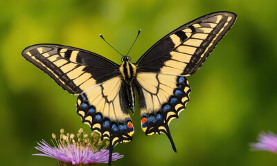 A large butterfly sits on the petals of a purple flower, showcasing its vibrant colors and intricate details