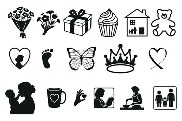 Simple Black and White Icons Representing Family, Love, and Motherhood