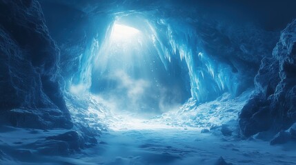 A majestic glacier cave with light filtering through blue ice