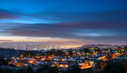 Fototapeta premium a view of a city skyline at dusk from a hilltop with houses illuminated
