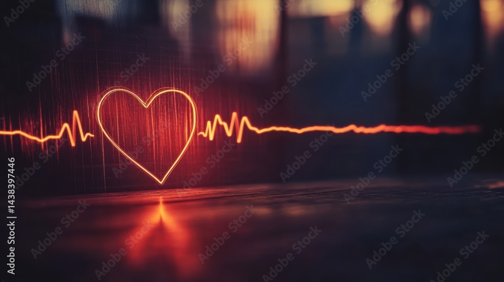 Poster heartbeat line with heart shape on dark background in ambient light