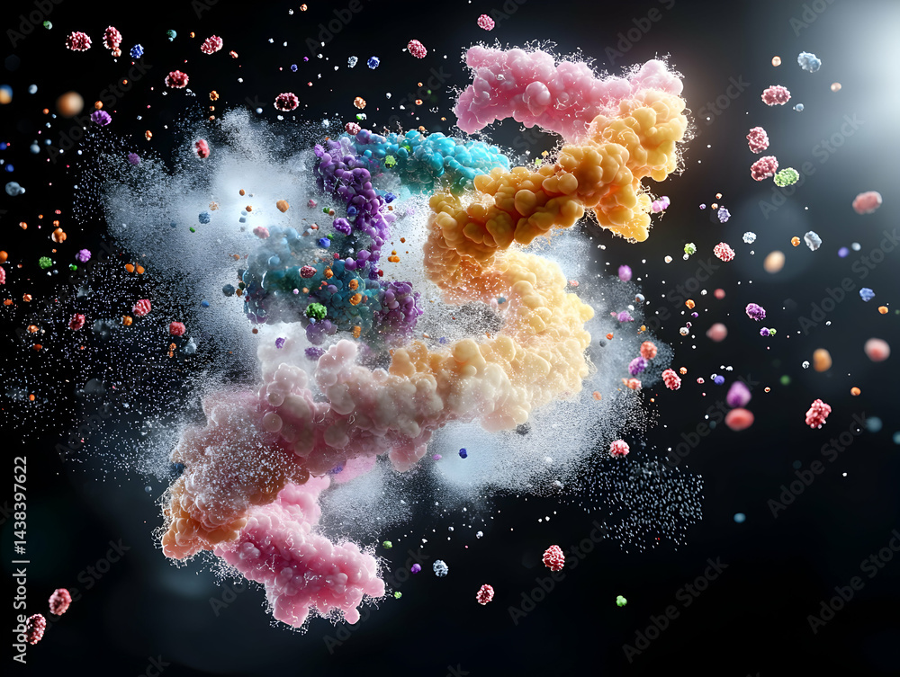 Aufkleber abstract colorful molecular structure bursting with particles. use it for science educational materi