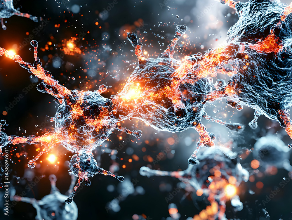 Poster a dynamic depiction of cellular activity with fiery elements conveying energy. suitable for scientif