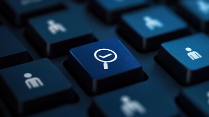 A close up of a blue computer keyboard key with a magnifying glass with a checkmark inside