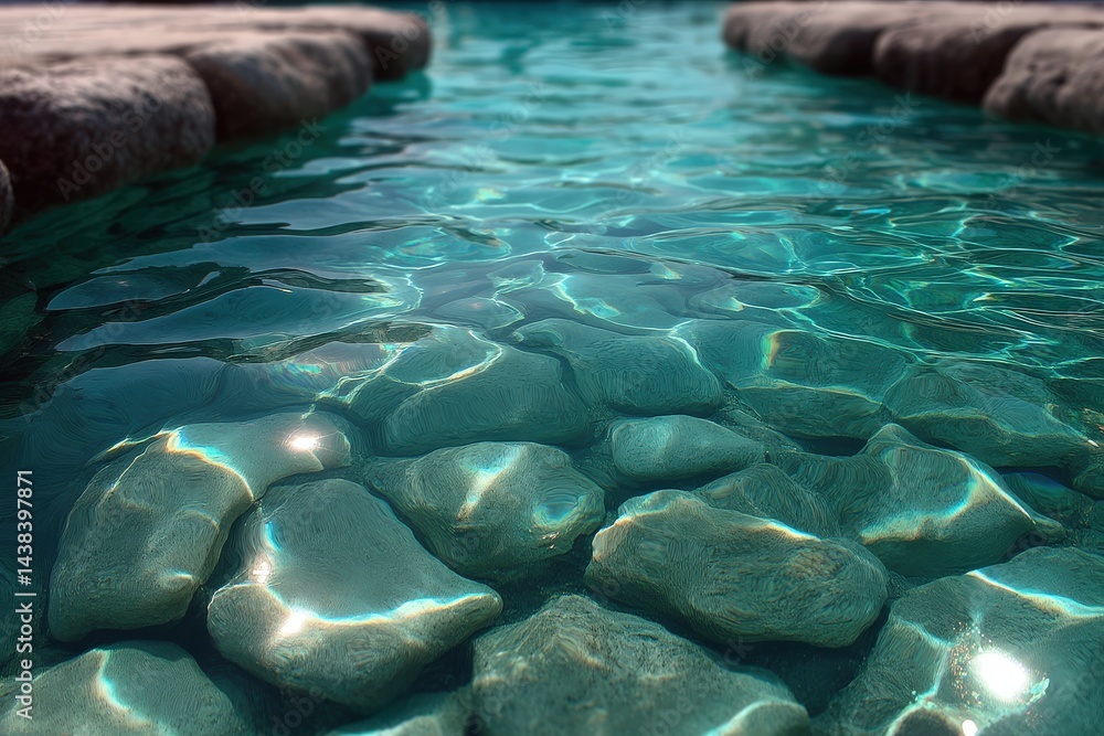 Aufkleber close view of stone-bottom tropical water pool in teal hues showing texture and soft reflection with