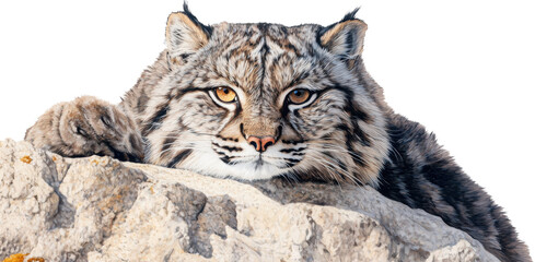 A lynx lying on a rock, captured in a natural pose. The image is isolated on a transparent background