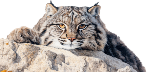 A lynx lying on a rock, captured in a natural pose. The image is isolated on a transparent background