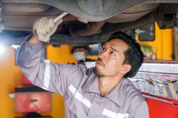 Asian male mechanic wearing gray uniform working under vehicle using wrench for maintenance and...