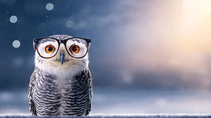 Owl with glasses stares intently Night sky, bokeh lights background