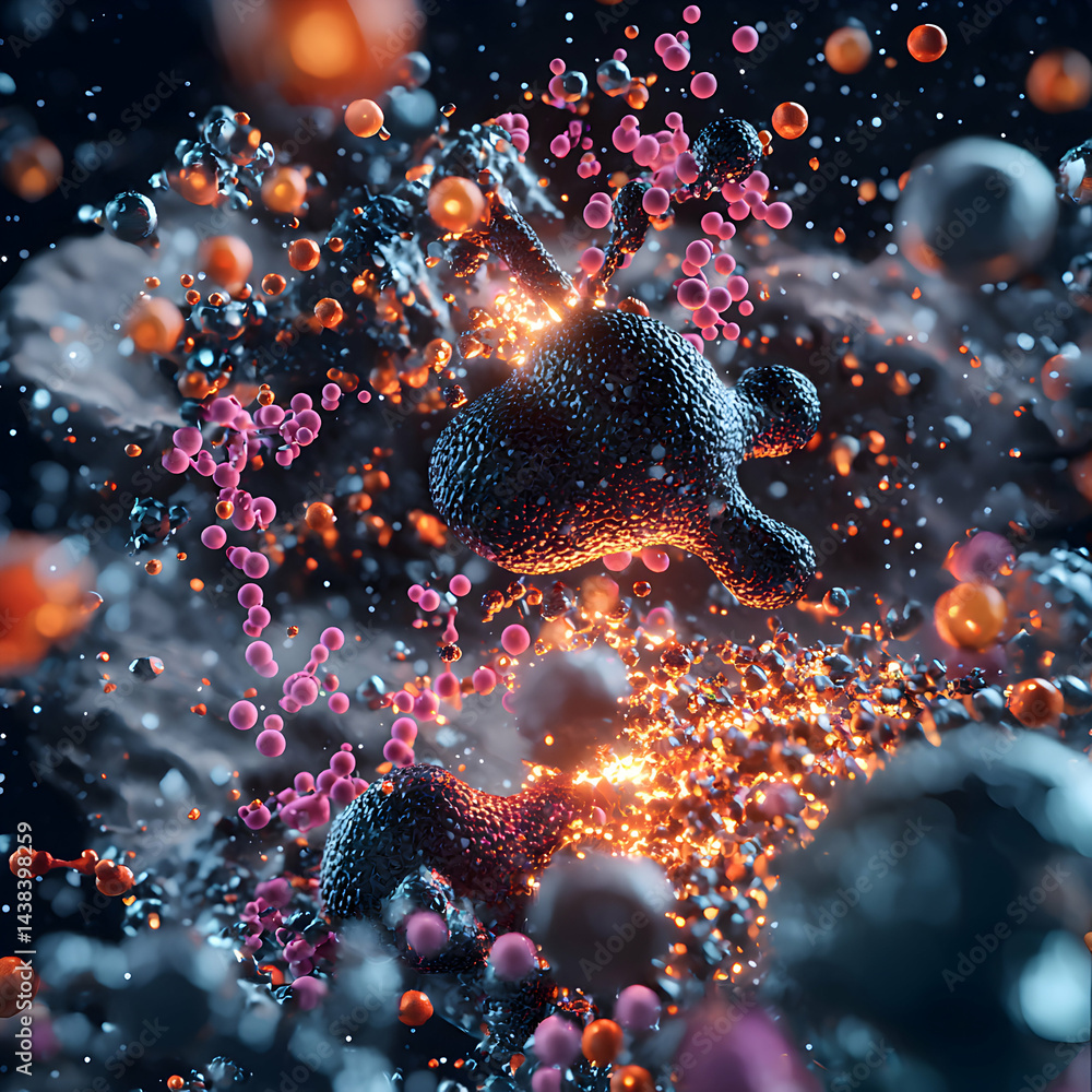 Poster abstract visualization of molecular structures. suggests scientific or technological concepts. ideal