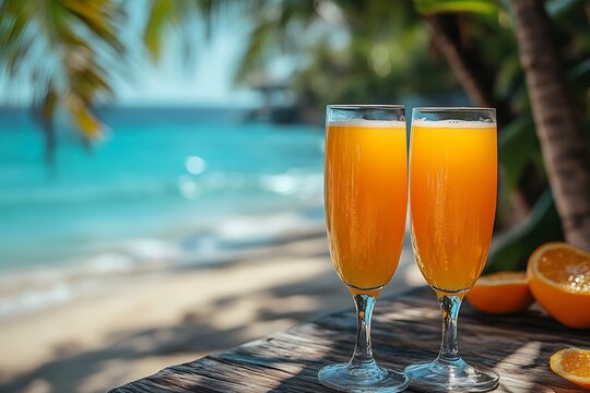 Refreshing mimosa cocktails on a tropical beach getaway with turquoise ocean views - Powered by Adobe