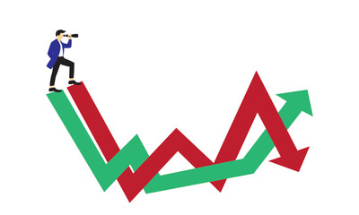 business leaders stand on data graphing using a telescope to see the future