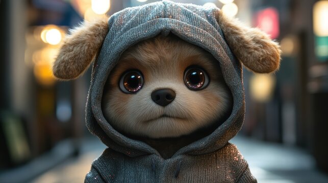 An adorable puppy character in a hoodie with oversized ears and big sparkly eyes