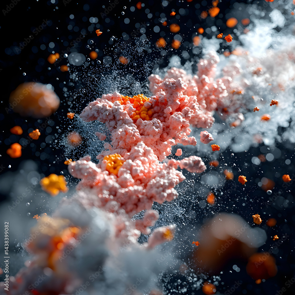 Poster abstract depiction of cellular structures possibly a microscopic view of a biological process. suita